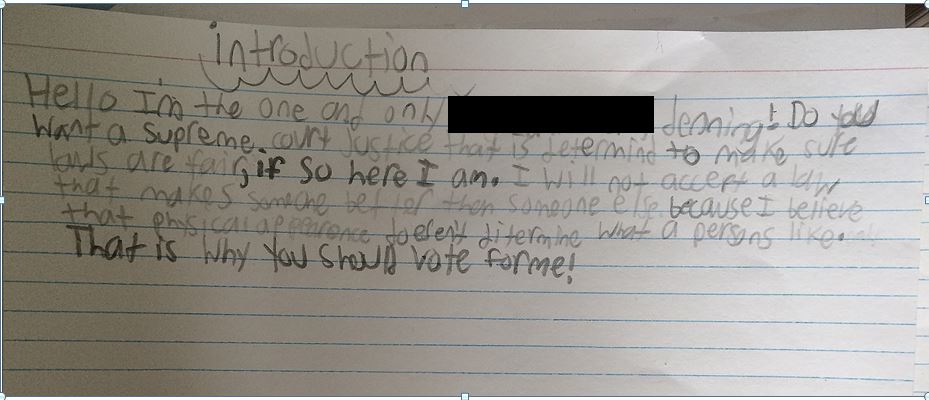A lined notebook page with handwritten notes about infection, a blacked-out word, and the line "That is why you should vote reform!".