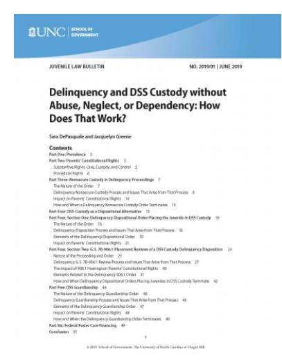 Cover of the UNC School of Government Juvenile Law Bulletin titled “Delinquency and DSS Custody without Abuse, Neglect, or Dependency: How Does That Work?”