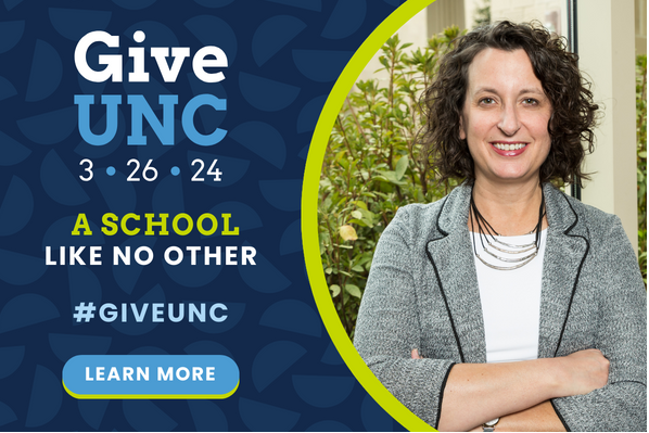 Promotional banner for Give UNC on March 26, 2024 featuring a person in a blazer inside a lime circular frame and the slogan “A School Like No Other” with a Learn More call-to-action.