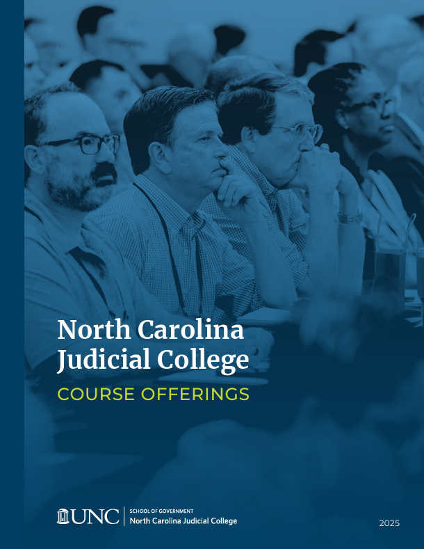 Blue-tinted cover of a North Carolina Judicial College brochure showing a crowd of attendees and the text Course Offerings.