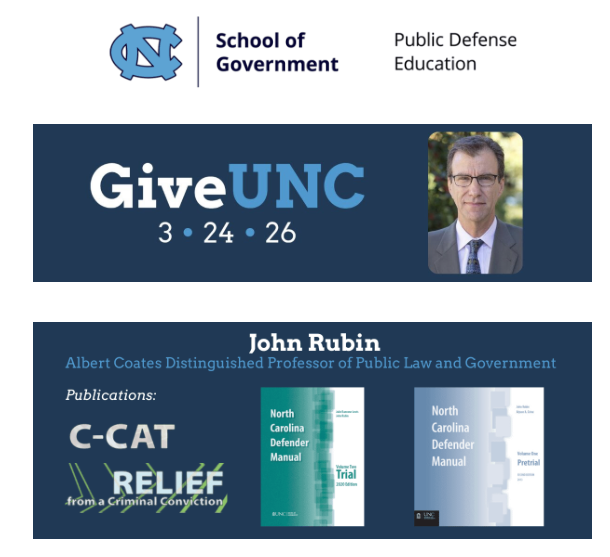 Promotional banner for GiveUNC with the School of Government logo, a portrait photo, and covers of North Carolina Defender Manual publications.